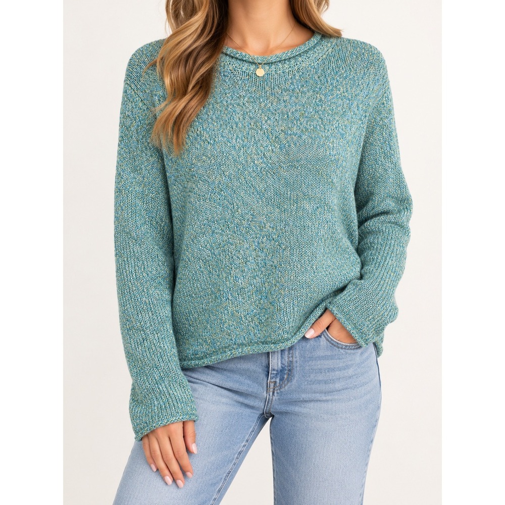 NorthStyle Marled Knit Sweater Blue Green Teal Rolled Neck XL Cottagecore Boho